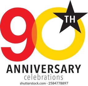 red and yellow color number 90 with word TH white color on black star and word anniversary celebrations black color are in the bottom.