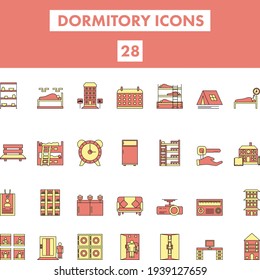 Red And Yellow Color Set of Dormitory Icon In Flat Style.