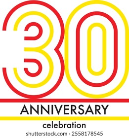 red and yellow color stripes number 30 with words anniversary celebration in the bottom isolated on white background.