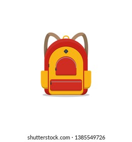 Red and yellow colored school backpack. Backpack with pockets and zipper. Education and study back to school back pack. Schoolbag or knapsack.