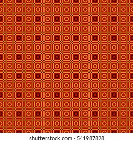 Red and yellow colors seamless pattern with repeating circles, squares and strokes. Geometric abstract background. Grill motif. Scrapbook digital paper, textile print, page fill. Vector illustration