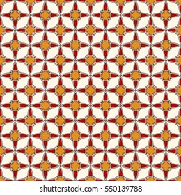 Red and yellow colors seamless pattern with stylized repeating stars. Simple geometric ornament. Modern stylish texture. Scrapbook digital paper, textile print, page fill. Vector illustration.