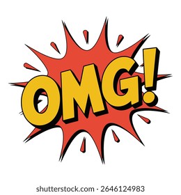 Red and yellow comic book style graphic featuring the letters OMG in a bold 3D style within a starburst shape.
