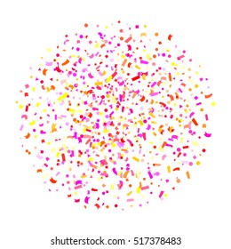 Red and yellow confetti. Abstract background with many falling tiny confetti pieces. Abstract colorful explosion of confetti, isolated on white background. Holiday or party background