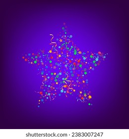 Red and Yellow Confetti Swirl Vector Blue Background. Paper Ribbon Template. Particles Flying Illustration. Multi colored Shiny Poster.