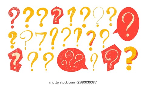 Red and yellow crayon drawn doodle question marks. Collection of various question marks with speech bubbles. Punctuation symbols for collages. Chalk drawn doubt and thinking vector elements.