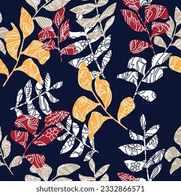 red yellow cream and white seamless leaf with stock paisley pattern on navy background