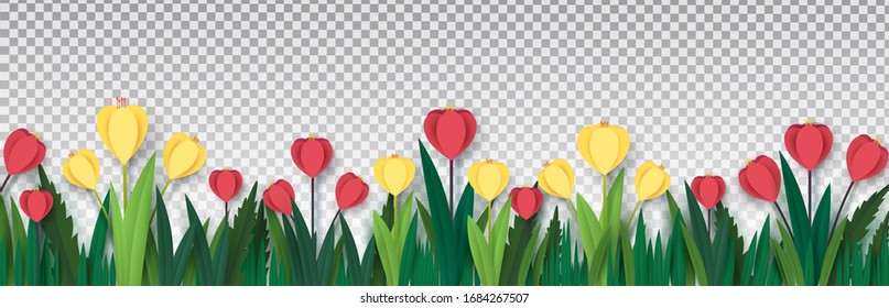 Red and yellow crocuses in the grass on isolated on a transparent background. Paper style. Template for banner, poster, presentation. Vector illustration