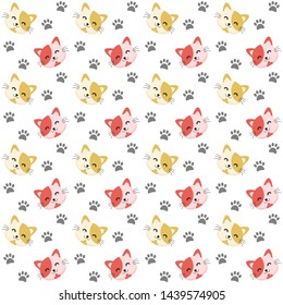 red and yellow cute cat icon seamless patttern