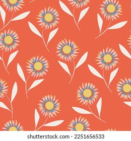 Red with yellow daisy type flowers and long white stems seamless pattern background design.