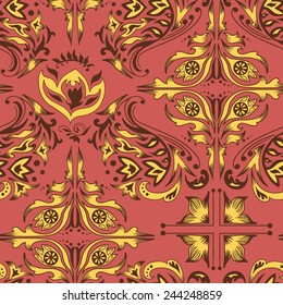 Red and yellow damask pattern | Seamless vector background with royal ornaments in eastern style
