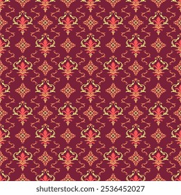 A red and yellow damask patterned wallpaper with a gold trim. The design is ornate and intricate, with a lot of detail. The colors are warm and inviting, giving the room a cozy and comfortable feel