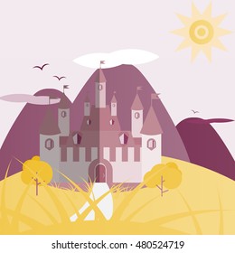 Red and yellow day castle landscape. Nice and simple illustration