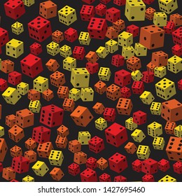 Red Yellow Dice Seamless Pattern, 3D illustration on Black Background