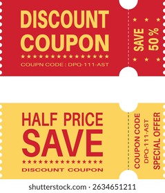 Red and Yellow Discount Coupons with 50% OFF and Promo Codes – Dual Ticket Design vector illustration	