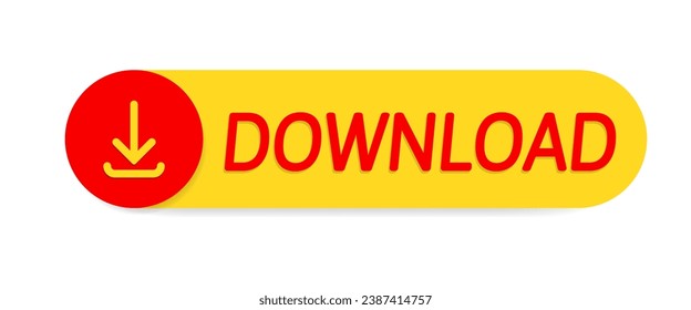 Red and yellow download button on a transparent background. Arrow icon