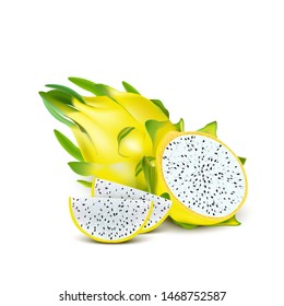 Red yellow dragon fruit, whole fruit and half. Tropical fruits for healthy lifestyle. Realistic 3d Design Element For Web Or Print Packaging. Vector Illustration. 