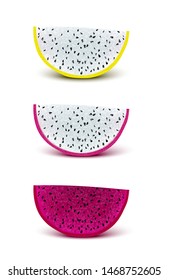 Red yellow dragon fruit, whole fruit and half. Tropical fruits for healthy lifestyle. Realistic 3d Design Element For Web Or Print Packaging. Vector Illustration. 
