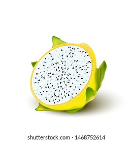 Red yellow dragon fruit, whole fruit and half. Tropical fruits for healthy lifestyle. Realistic 3d Design Element For Web Or Print Packaging. Vector Illustration. 