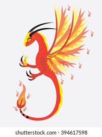 It is red a yellow dragon with horns flies
