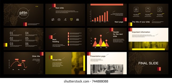 Red and Yellow elements on a dark background. This template is the best as a business presentation, used in marketing and advertising, the annual report, flyer and banner