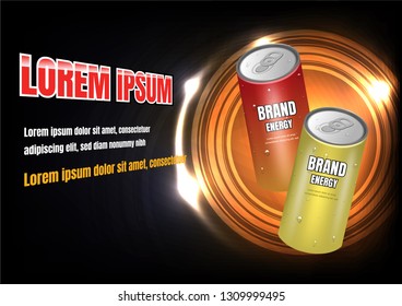 Red and yellow energy drinks with abstract shining circle and aura