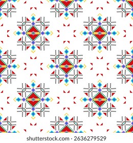 Red and yellow ethnic boho seamless pattern. Tribal pattern. Folk motif. Colorful Navajo style. Geometric ethnic seamless pattern. Ideas for wallpaper, rugs, carpet, and textile decoration.