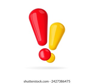 Red and Yellow exclamation mark 3d icon. Danger signs, alert, error, risk and problem. Cartoon vector illustration