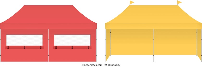 Barracas de cabine vermelho e amarelo Festival com bandeiras e exibir a ilustração do vetor do Windows para eventos de mercado ao ar livre