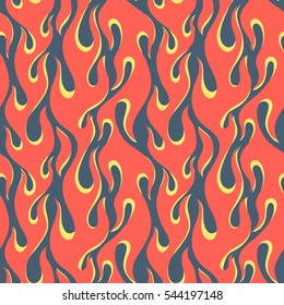 Red with yellow fire flames on a dark blue background, old school seamless vector pattern