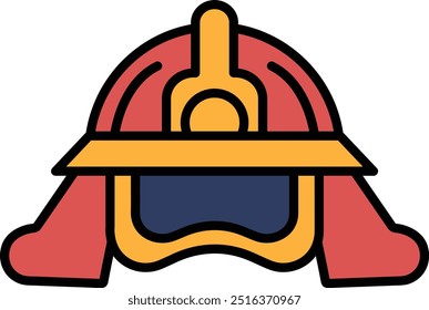 A red and yellow fireman's helmet. The helmet is drawn in a cartoon style