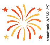 Red and yellow firework explosion with stars in flat style. Isolated square vector element on transparent background. Stock vector illustration in cartoon style.