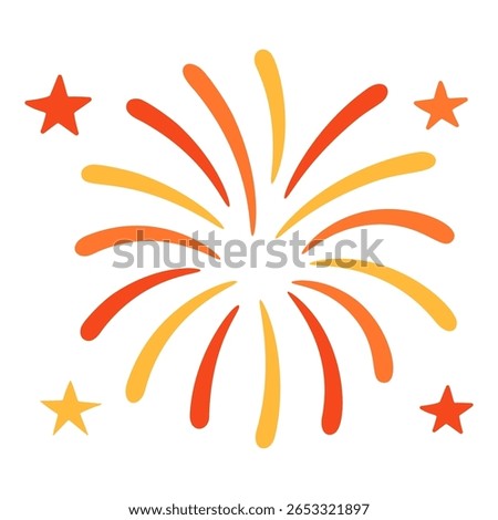 Red and yellow firework explosion with stars in flat style. Isolated square vector element on transparent background. Stock vector illustration in cartoon style.