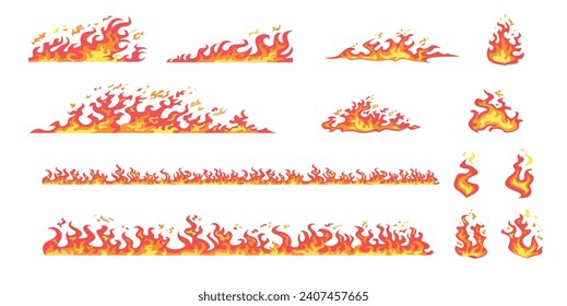 Red and yellow flame set. Hot fire, blazing, burning, wildfire, bonfire, igniting, campfire, spread. Vector illustration for warning, danger, accident, fireplace concept