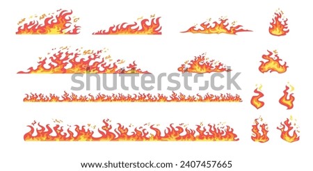 Red and yellow flame set. Hot fire, blazing, burning, wildfire, bonfire, igniting, campfire, spread. Vector illustration for warning, danger, accident, fireplace concept