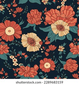 Red Yellow Floral Foliage Seamless Pattern Design
