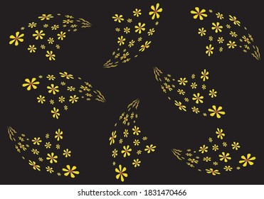 Red and yellow flower pattern floating in the dark in groups