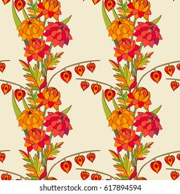 Red and yellow flower seamless pattern in vintage country style.