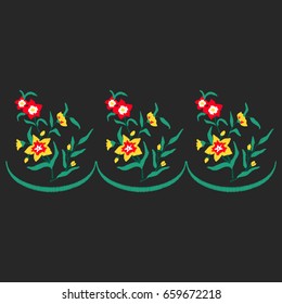 Red And yellow flowers  for the edge of clothes. Nature flowers horizontal embroidery patch vector decoration.