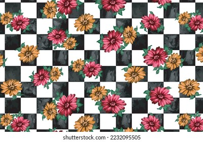 Red an yellow flowers pattern bunch of flowers on checkered background watercolor floral design
