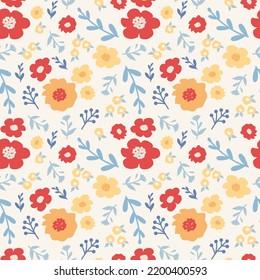 Red and yellow flowers seamless pattern. Floral meadow blossom and branches vector design.