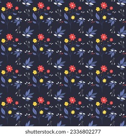 Red And Yellow Flowers Seamless Pattern Wallpaper, On Dark Background, Vector Leafy Print For Textile, Fashion, Invitation Cards, Wrapper
