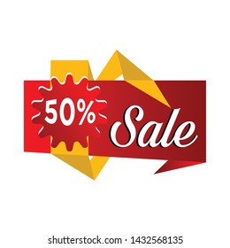 Red and yellow folded ribbons with 50 percen discount. Sale banner template design. Big sale special offer. red ribbon and 50 percent special offer banner for poster, flyer, sticker. Vector illustration.