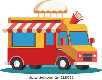 Red Yellow Food Truck Cartoon Illustration Striped Awning