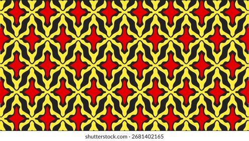 Red and yellow geometric seamless pattern with cross-like shapes, bold and vibrant vector design for decoration and crafts.