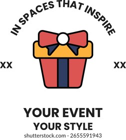 A red and yellow gift box with a bow on top. The box is labeled "Your Event Your Style"