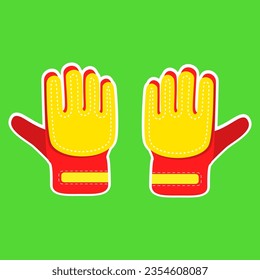 Red and Yellow goalkeeper gloves. Football gloves vector on green background