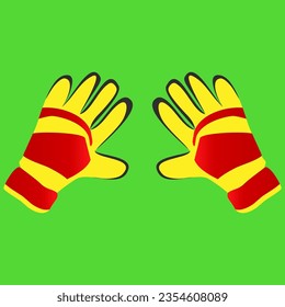 Red and Yellow goalkeeper gloves. Football gloves vector on green background