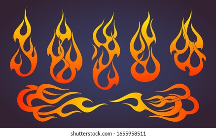 Red and yellow gradient fire, old school flame elements set, isolated vector illustration