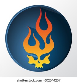 Red and yellow gradient flaming skull round emblem, old school fire logo, isolated vector illustration